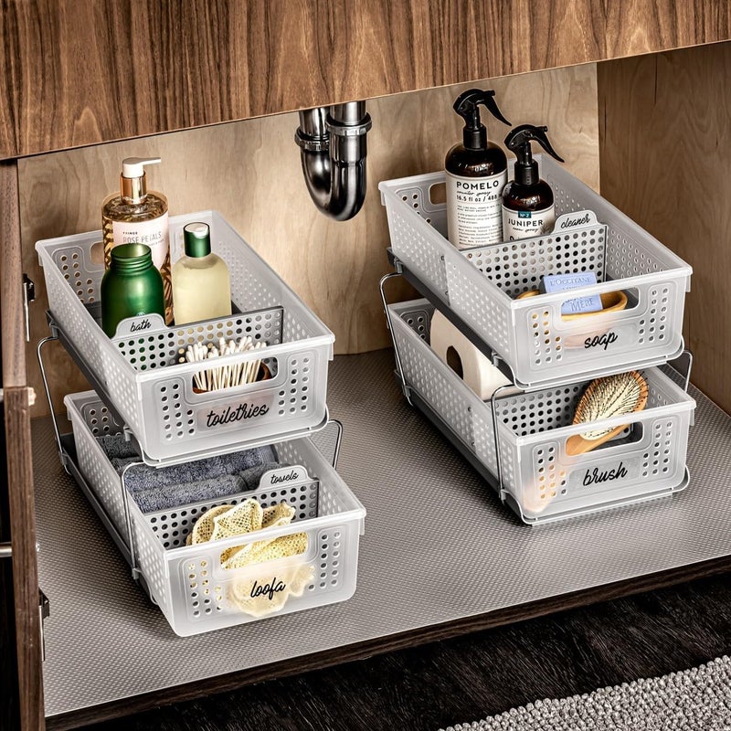 Made Smart Stackable 2-Tier Organizer, 2 Pack, Multi-Purpose Slide-Out Storage with Extra Set of Legs, Handles and Dividers for Home and Bath, BPA Free, Frost 2 PACK - Image 3
